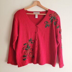 Vintage Christmas Cardigan M Holly Sequin Bead Red Heirloom Collectables Sweater